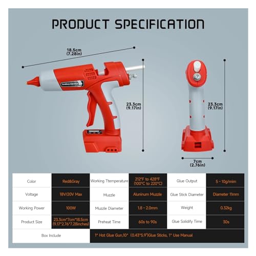 Hot Glue Gun 100W Cordless Hot Melt Glue Gun for 18-20V Li-ion Battery Repair DIY Tool Set with 10 Glue Sticks Power Tool Glue Gun for DIY Arts, Crafts and Quick Repairs