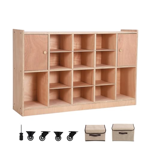 Mobile Cubby Storage with 2 Doors, Storage Organizer Cubes with 2 Anti-Flip Fittings&4 Castors, Cubby Shelf for Home, School, Kindergarten, Classroom Furniture, Stationary Organizer, Natural Finish
