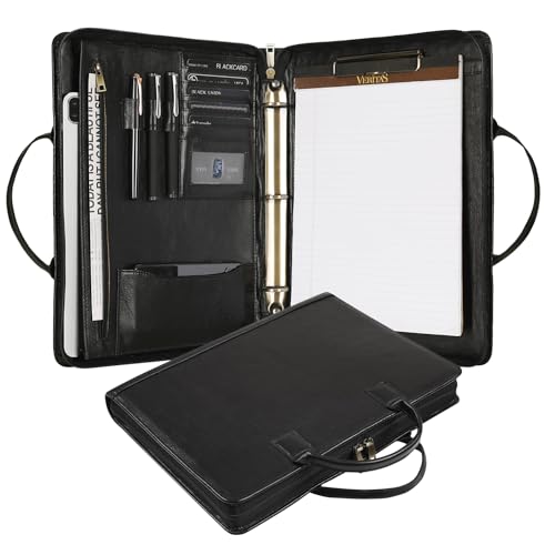 Leather Portfolio Binder with Clipboard, Letter Size Notepad Padfolio with Handle, Work Portfolio Organizer for Men, Oil Black, Non-Custom