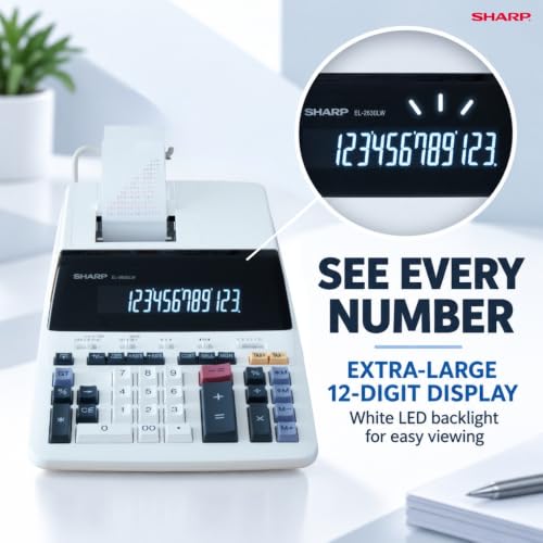 SHARP EL2630LW 12-Digit Commercial Printing Calculator with 4.5 LPS 2-Color Ribbon Printer, Large LED Backlit Display, Cost/Sell/Margin, Tax & Time Calculations, Item Count, AC Powered, White