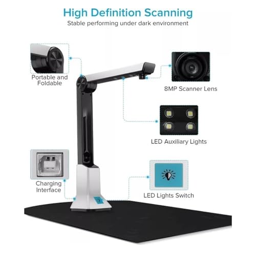 Document Camera, 8 Megapixel Portable Document Scanner, Capture Size A4 Camera, for Recognition, Compatible with Mac OS for Live Demo, Distance
