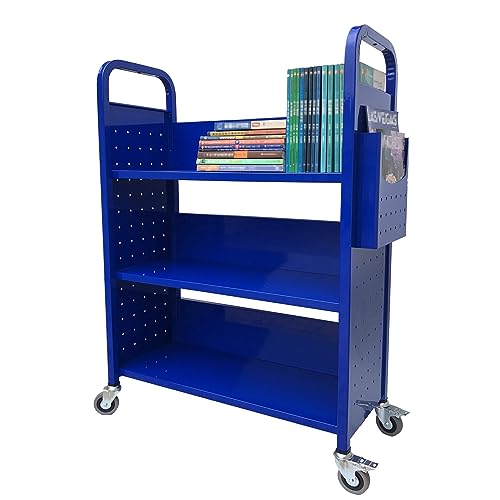 Workington Rolling Book Truck Book Cart with 3 Flat Shelves, Library Book Cart with Swivel Lockable Casters 3001 Blue