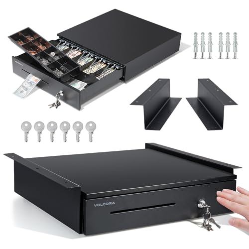 Volcora Manual Push Open Cash Register Drawer with Under Counter Mounting Metal Bracket - 16" Black Front Touch Panel Cash Drawer for POS, Partial Removable 5 Bill 8 Coin Tray, Key-Lock