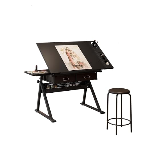 Majnesvon Adjustable Drafting Table, Metal Artist Desk, Drawing Desk with 2 Drawers & Stool, Art Tables with Storage for Home Office & School (Black)