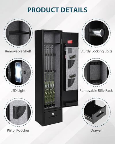 6 Gun Safe for Rifles and Pistols, Heavy Duty Steel Gun Cabinet, Large Digital Gun Locker with Adjustable Gun Racks & Removable Shelf, Anti-Theft Home Firearm Storage Safe