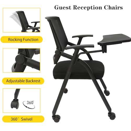 Yellulu Tablet Arm Chair, 1 Pack Chair with Right Handed Tablet Arm, Mesh Guest Reception Stack Chairs, Executive Office Chairs for Conference Waiting Room, with Caster Wheels-Arms-Tablet, Black