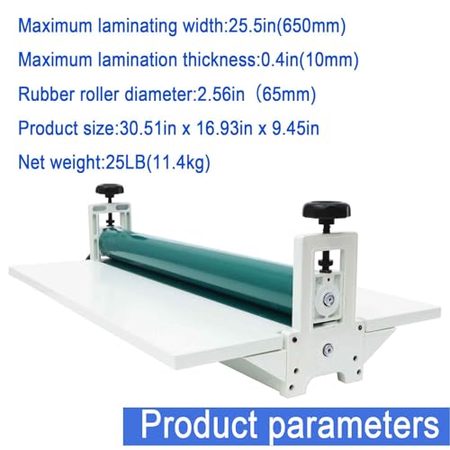 BEILOCKERY 25in(635mm) Manual Cold Laminating Machine with Soft Rubber Roller,All Metal Frame Laminator with Fold-up Table, Adjustable Roller Position, for Cold Mounting Photos