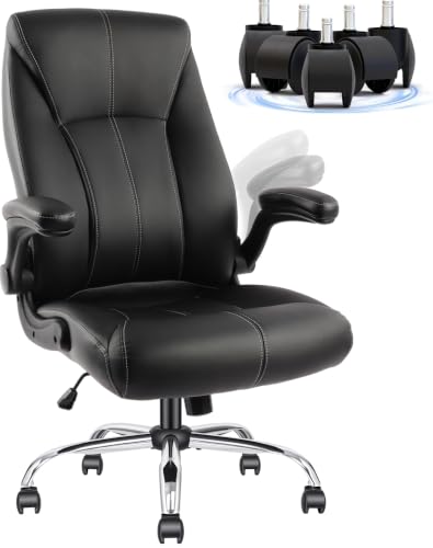 Big and Tall Office Chair for Heavy People, High Back Wide Seat Executive PU Leather Office Chair with Flip-Up Armrests, Rocking Function, Smooth Caster Wheels, Home Office Desk Chair (Black)