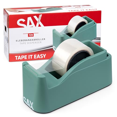 SAX Tape It Easy XXL Single Hand Tape Dispenser Extra Heavy for 1 x 50 mm Tape or 2 x 25 mm Tape, Parcel Tape Dispenser with Pen Holder Function, Non-Slip, Includes Double-Sided Blade, Sage Green