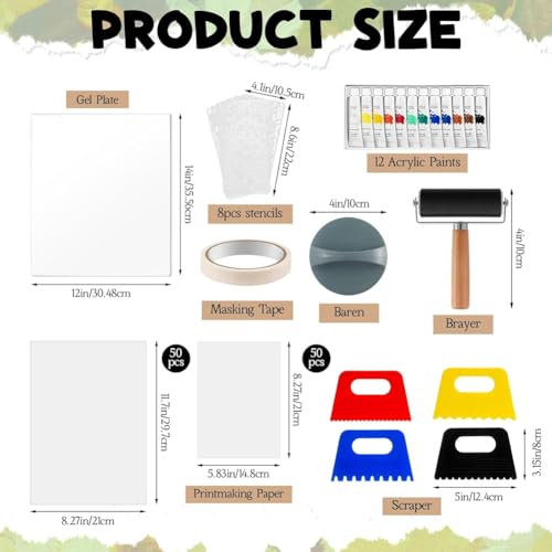 Jianyiihuly For Mixed Media Art Supplies- 12" X 14" Gel Printing Plate Kit, Brayer, Printmaking Paper, Acrylic Paint& Scraper Tool for Card Making