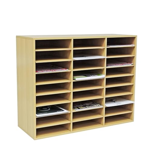 FixtureDisplays® 29.5 X 23.6 X 11.2" Wood Adjustable Literature Organizer, 27 Compartment Mailslot Organizer, Removable Shelves, Stackable 18818-OAK