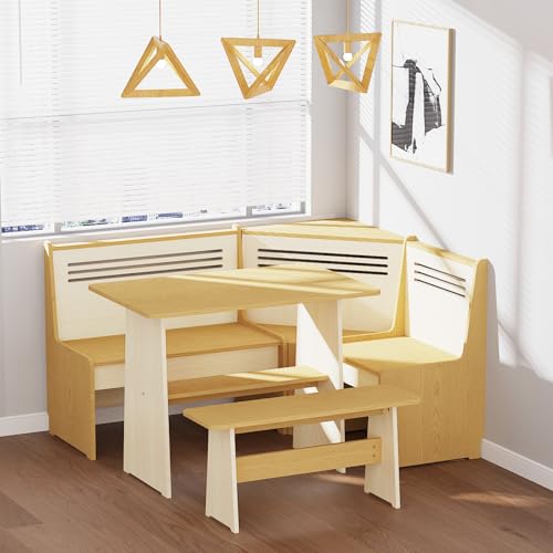 KYLE & KAY Breakfast Nook, Kitchen Nook Corner Table Set with USB, Bench and Storage Shelf, Dining Room Table and Chairs for 4-6, Solid Wood (Natural and White)