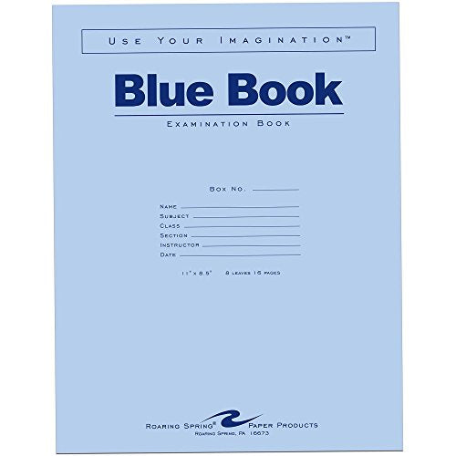 Roaring Spring Exam Blue Book, 11" x 8.5", 8 Sheets/16 Pages, Wide Ruled with Margin, Proudly Made in the USA!