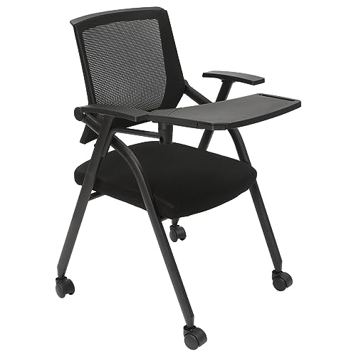 Eleeferri Chair with Desk Attached Foldable Guest Reception Chairs with Caster Wheels and Foldable Right Handed Tablet Arm for Office School Classroom Conference Waiting Room Black