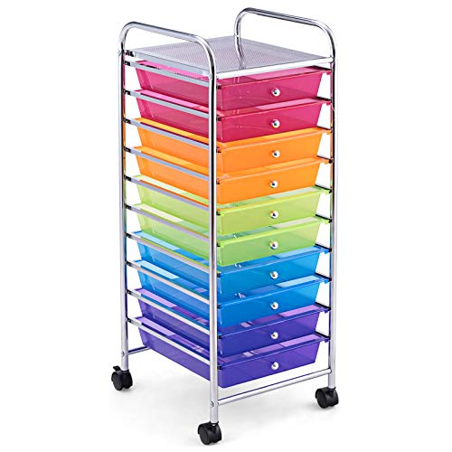 KOTEK 10-Drawer Rolling Storage Cart, Multipurpose Utility Cart Mobile Craft Cart w/Drawers & Wheels, Home Office School Tools Scrapbook Paper Organizer (Multicolor-Combo1)