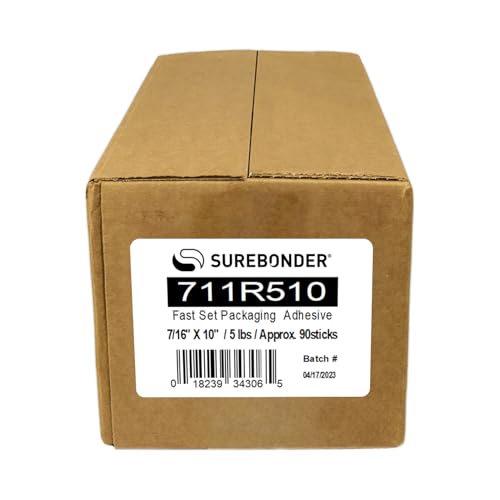 Surebonder 711R510 Full Size 10" Fast Set Packaging Hot Glue Sticks for Box and Package Sealing, 15 Second Set Time, 5 lb Box, Light Amber