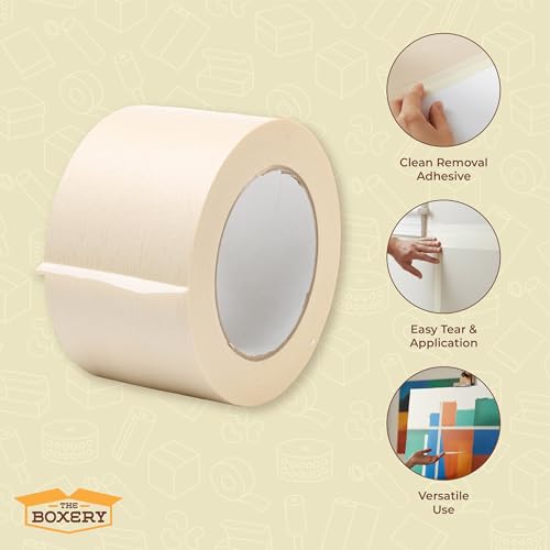 The Boxery 3" Masking Tape Bulk Case, 16 Rolls x 60 Yards– General Purpose Painter’s Tape, Beige Crepe Painting Tape for Painting, Masking, Labeling, Crafts, Packaging & Painting Supplies, 5 Mil