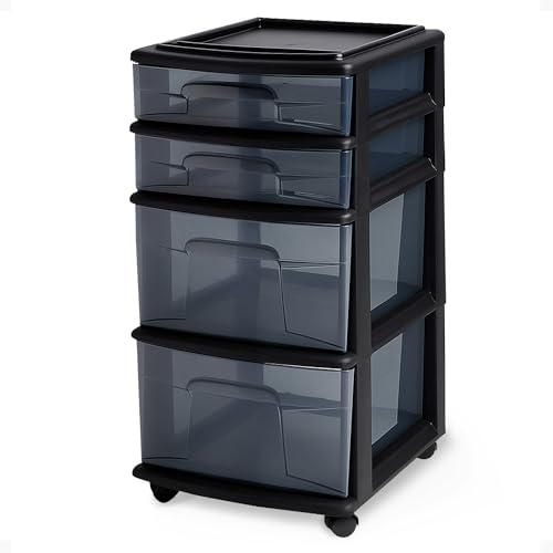 HOMZ Drawer Tower, 4-Tier Storage Cart with Removable Wheels, Black Frame