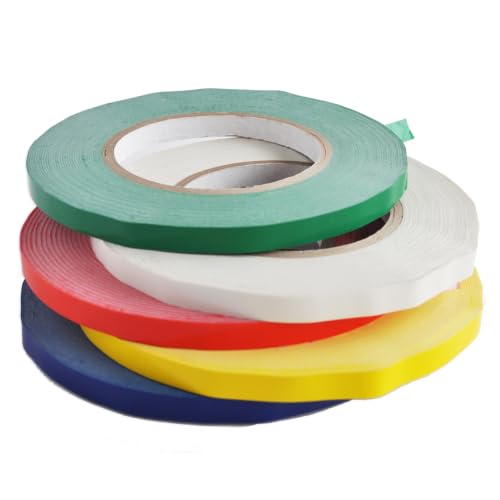 PSBM Red Poly Bag Sealing Tape with Dispenser, 6 Rolls, 2.3 Mil Thick, 3/8 Inch Wide, 180 Yards Per Roll, Total 1080 Yards, Colored Sealer Tapes for Wrapping, Packaging & Sealing Food Products