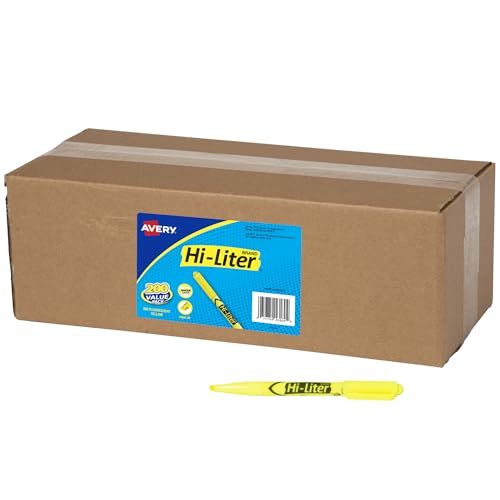 Avery Hi-Liter Value Pack Pen-Style Highlighters, Smear Safe Ink, 200 Fluorescent Yellow Highlighters (23825)