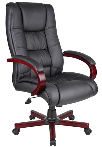 Scranton & Co High Back Executive Office Chair, CaressoftPlus Faux Leather Upholstery, Black and Mahogany Finish, 44.5" H x 27" W x 27" D, Adjustable Height and Tilt, Wood Accents, Office Use