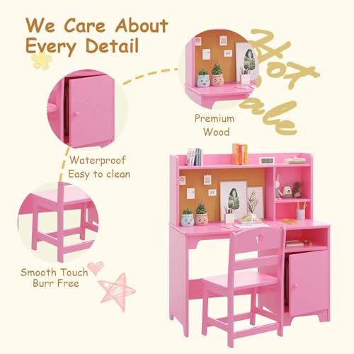 IDEALHOUSE Ergonomic Study Desk and Chair Set – Wooden Writing Table with Hutch & Storage Cabinet – Height Adjustable, Bookshelf Included, Ideal for Home Office or Bedroom, for Ages 3-8 – White