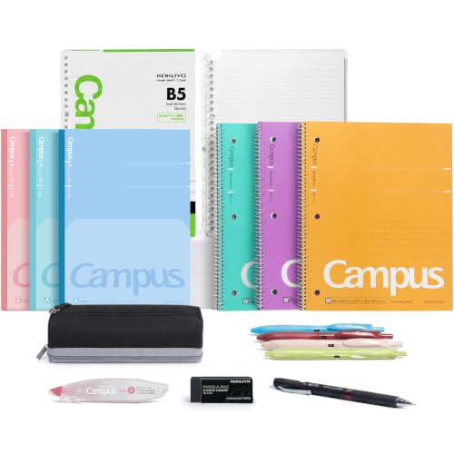 KOKUYO College Stationery Kit, B5 Smart Ring Binder+Graph Paper, 6 Notebooks (Wide+Flat), 0.9mm Mechanical Pencil, 4 Gel Pens (0.5mm Black), Correction Tape, Eraser, Pencil Pouch for College & Office