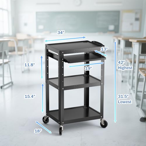POCHAR Steel AV Cart on Wheels - Rolling Projector Cart with Height Adjustable Shelf, Pullout Keyboard Tray, Power Strip, Cord Management - Mobile Media Carts Computer Workstation for Office Classroom