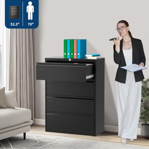 FinerFurnis Heavy Duty 4-Drawer Lateral File Cabinet with Lock, 52" Height Metal Office Filing Storage Organizer, Fits Letter, Legal, A4, F4 Documents, Lockable, Easy Assembly, Black