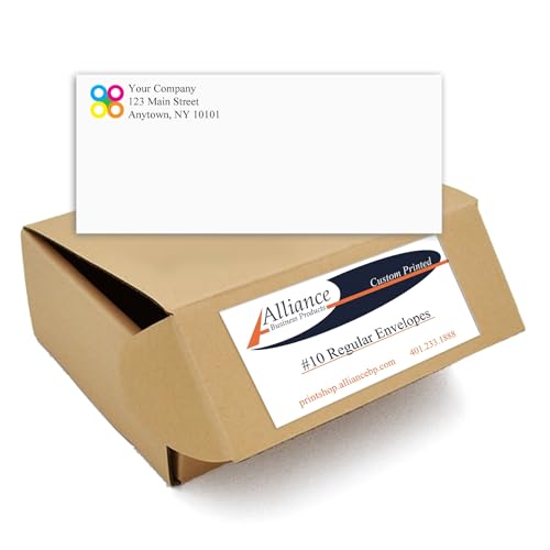500 Printed Regular Envelopes #10, White, Gummed Enclosure or Optional Self Seal Security Tint, Text and Logo Customization, Size 4-1/8 x 9-1/2 Inches, 24 LB