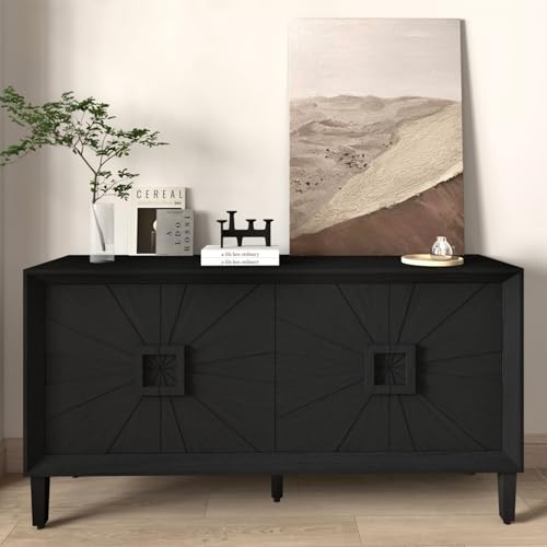 WEALTHKING Industrial Style 4-Door Wooden Credenza with Arc Base & Vintage Clasps - Versatile Storage Cabinet for Living Room, Entryway Console or Home Office Furniture (Black,C)