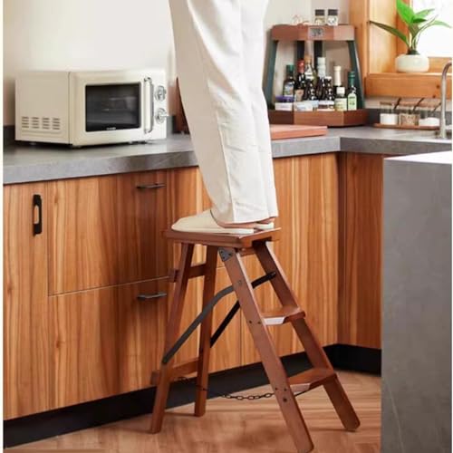 Stepstools Stable Multifunctional Step Stool Dual-Purpose Household Ladder and Stool Three-Step Climbing Folding Ladder Shop Office Tools Step Stool (Color : BrownA, Size : 35.5 * 57 * 64cm)