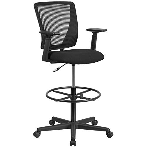 EMMA + OLIVER Mid-Back Black Mesh Drafting Chair with Arms