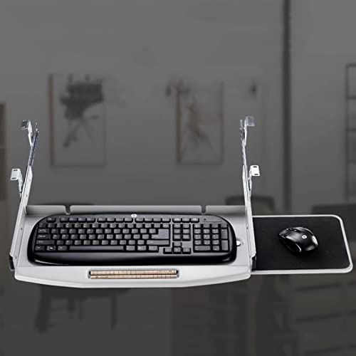 FKHFTI Under Desk Mounted Keyboard Tray, Steel Keyboard Drawer Under Desk Slide with Rotational Mouse Platform, Sliding Tray Desk Extender (Grey)