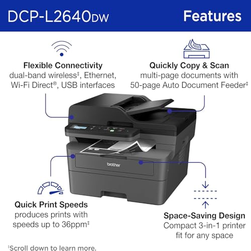 Brother DCP-L2640DW Wireless Monochrome Laser All-in-One Printer, Print Scan Copy, 34 PPM Duplex Printing, 50-Sheet ADF, Ethernet & Mobile Printing, USB Printer Cable and Print Like a Pro eBook Bundle
