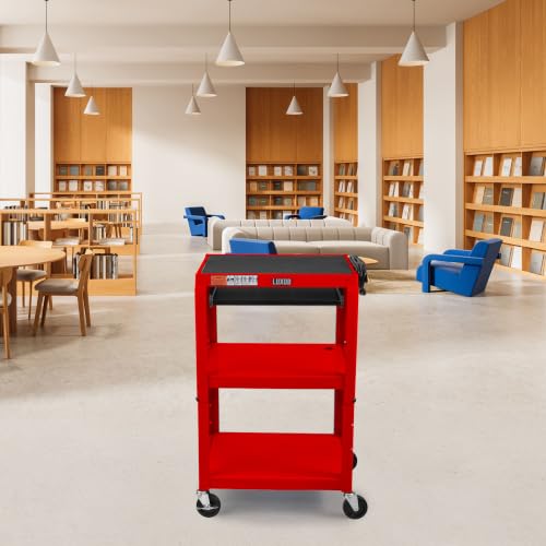 LUXOR UCMT1KB-RD Adjustable-Height Steel Utility Cart - Pullout Keyboard Tray, Red