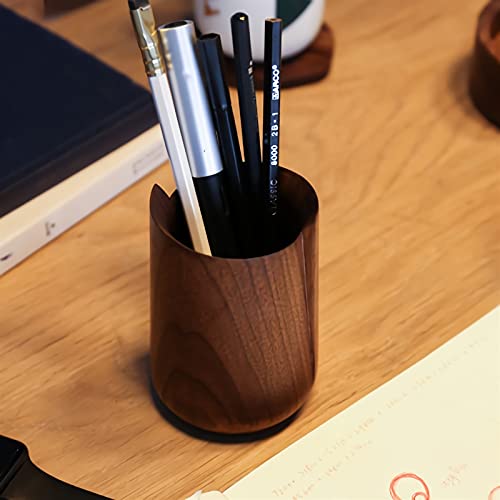 RAN Rustic Pen Holder, Black Walnut Pencil Holder for Desk, Desk Top Round Pen Cup Holder Organizer, Farmhouse Office Supplies