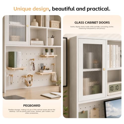 LINLIUA Desktop Bookshelf, Desk Hutch Dorm with Pegboard, Desk Shelves for Top of Desk, Wood Desktop Storage Rack with Cabinet Door, Countertop Bookcase for Office Dorm Home Study