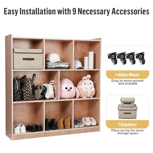 AutoSteelix 8-Compartment Storage Cubby, Mobile Storage Cabinet for Classrooms, Daycare Toy Shelves with 4 Casters, 2 Storage Boxes for Home, School, Kindergarten
