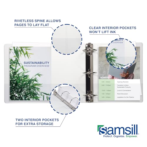 Samsill Durable 6 Inch 3 Ring Binder, Locking D Ring Binder, Customizable Clear View Cover, Pearl White, Holds 1225 Pages