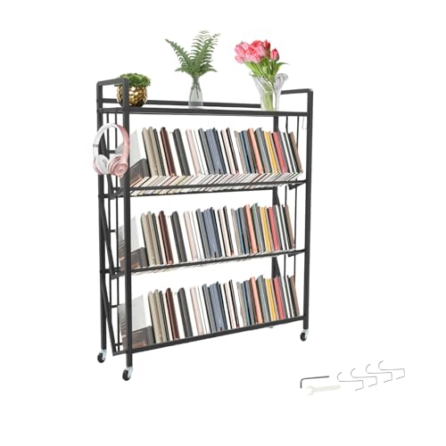 4-Tier Rolling Book Cart, Large Capacity Bookshelf Storage Rack, Metal Mobile Book Storage with Wheels Cart for Living Room, Home, Office, Classroom, Practical Hook, 35.4 * 9.8 * 44In (Black)