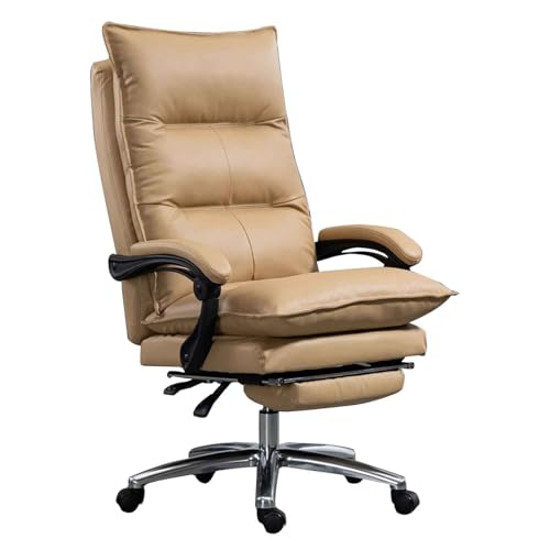 XMFBSY Genuine Leather Office Chair w/Retractable Footrest Ergonomic Fully Reclining Executive Computer Chair Comfort High-Back Swivel Boss Task Chair, Khaki
