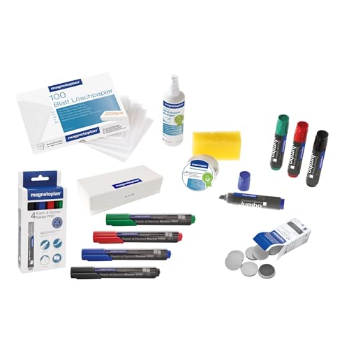 magnetoplan Magnetic Whiteboard Accessory Kit - 4 x Whiteboard Marker Pens, Whiteboard Cleaner Spray, 10 x Magnetic Dots, 1 x Whiteboard Eraser Magnetic & 100 Sheets of Blotting Paper