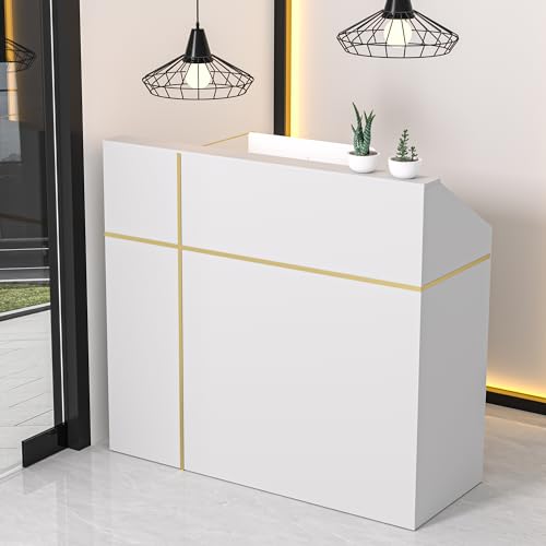 AHB Reception Desk with Counter, Modern Front Table Equipped Lockers & Storage Shelves, 48-inch Checkout Counter with DIY Stripe for Lobbies, Salons, Retail, Home Offices, Reception Room