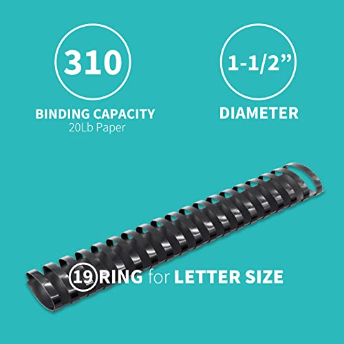 Binditek Plastic Binding Comb Spines, 1-1/2 Inch, 19 Ring, Black, 50 Pack