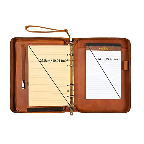 GZRHKJ A5 Genuine Leather Portfolio Notebook Binder, 6 Ring Binder Notebook Portfolio, Refillable Notebook A5 Planner Binder with Binder Pockets (Standard,Brown)