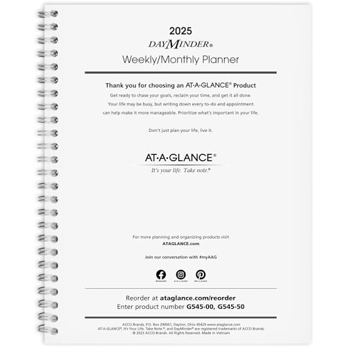 AT-A-GLANCE 2025 Planner Refill, Weekly & Monthly, 7" x 8-3/4", Medium, Executive, DayMinder, Refill for G545 Line Planners (G5455025)