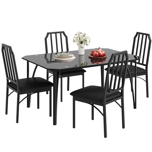 MERXENG Dining Table Set for 4 with Black Glass Top, Modern Kitchen Table and Chairs with Cushioned Seats, Space-Saving Dining Room Furniture for Apartment or Small Space, Easy to Assemble