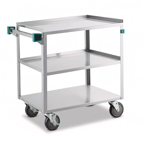 19" x 30.5" Commercial Stainless Steel Utility Cart NSF - Three Shelf Rolling Service Cart with Handle and 5" Casters - 300 lb Capacity, Rolling Cart for Warehouse and Restaurant