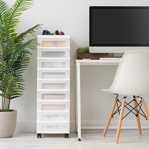 9-Drawer Narrow Plastic Rolling Storage Cart with Compartment Top Tray, Mobile Drawer Cabinet in Black(White)
